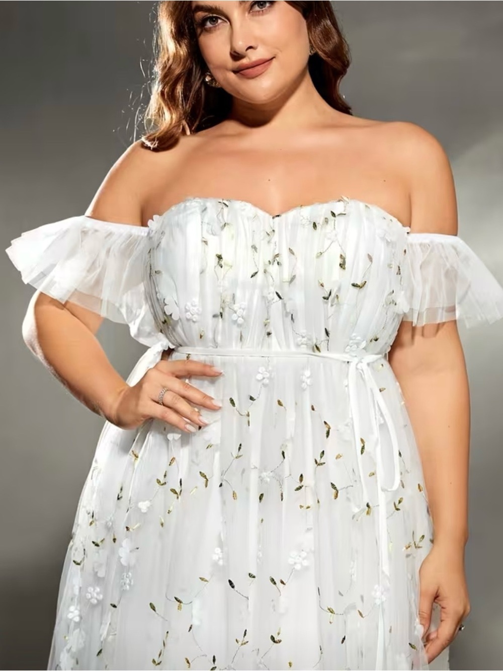 Off-Shoulder White Floral Tulle Dress - 2X - Picture 2 of 3